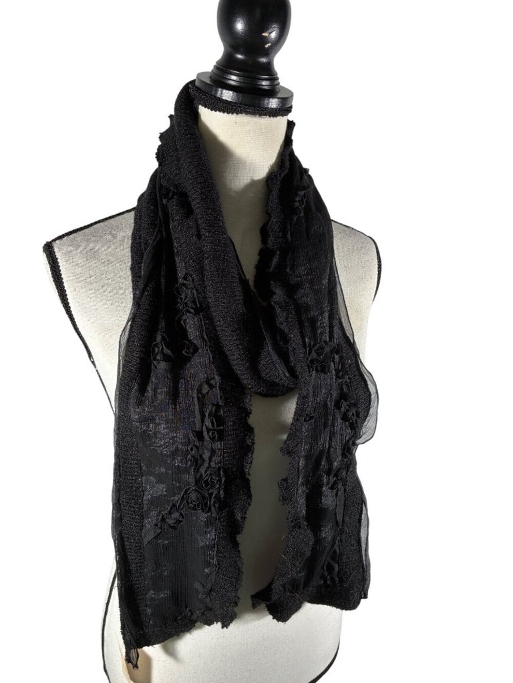 Coldwater Creek Black Sweater Soutache Scar chiffon edge w/ Floral Applique NWT